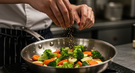Chef Seasoning Sautéed Vegetables - Close-up of a chef's hands seasoning sautéed broccoli, carrots, and zucchini in a pan. Healthy cooking concept