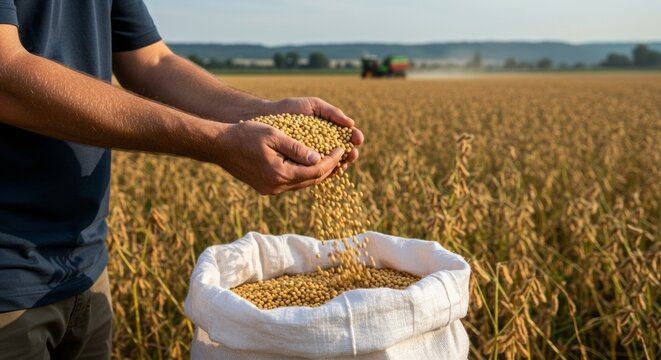 Hands of a man in the field, in the plantation, outdoors, throwing soybean seeds into a bag