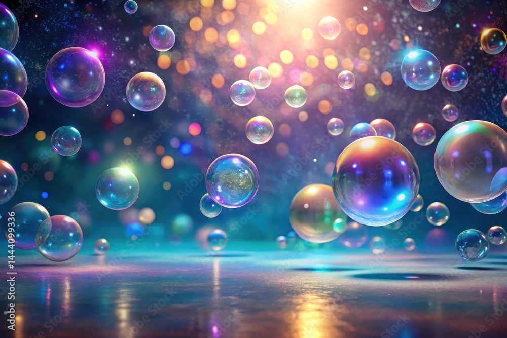 Poster enchanted iridescent bubbles floating in a dreamy, sparkling atmosphere, reflecting light on a smoot