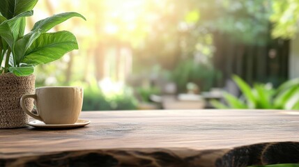 A serene setting featu a beige coffee cup and saucer on a rustic wooden table surrounded by green foliage and highlighted by dd sunlight.