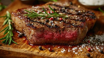 A close-up shot of a juicy steak with cracked black pepper, sea salt, rosemary, and a dusting of chili flakes on a wooden board.