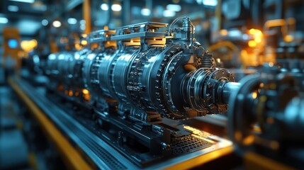 Fototapeta premium Complex machinery on a conveyor belt in a factory setting with blue lighting.
