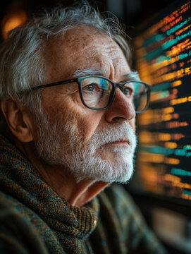 Senior man focused on learning to code in Python, surrounded by colorful code on screen