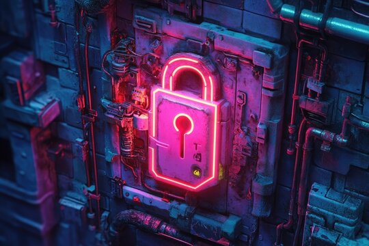 Cyberpunk padlock embedded in a futuristic, mechanical wall, highlighted with neon pink glow  Complex, intricate, and detailed machinery surrounds the lock