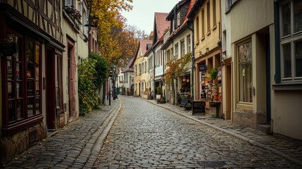 Fototapeta premium A cobblestone street in an old European city, lined with vintage storefronts and historic buildings.
