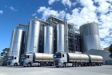 A photograph of large stainless steel silos at an industrial facility, with two trucks parked in front and one truck unloading grain into the silo. The sky is a clear blue with white clouds.