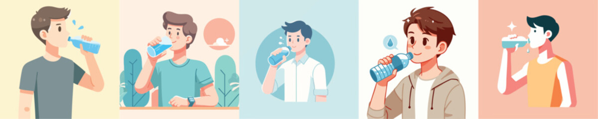 vector of a young man drinking water using a bottle