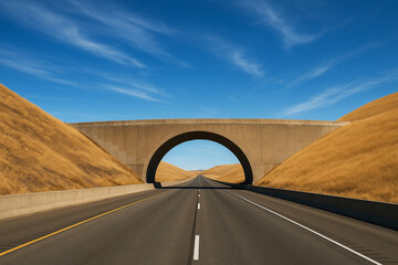 Concrete arched overpass spans a deserted highway cutting through golden grassy hills under a blue sky.