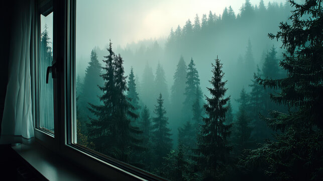 Cozy window view of misty forest with tall pine trees - Powered by Adobe