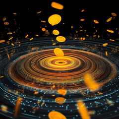 Obraz premium 3D Abstract Visualization of a Coin Vortex Whirling in Digital Space Symbolizing Financial Growth