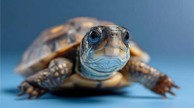 Close-up of a turtle on a blue background, showcasing its detailed shell and facial features