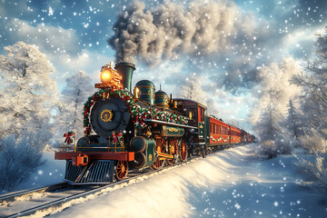 Obraz premium Vintage steam train adorned with festive decorations travels through a snowy winter landscape