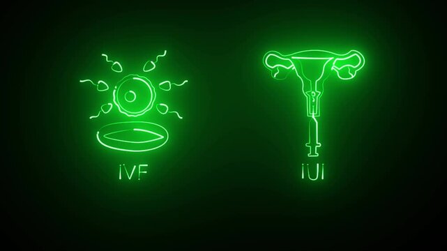 green Neon bright IUI and IVF reproductive technology symbol. Female reproductive system. Healthy intercourse method idea.