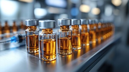 Glass vials filled with liquid on a production line in a factory.