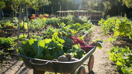 A community garden at full bloom, with rows of sunlit vegetables in a wheelbarrow, including beets, spinach, and tomatoes, ready to be enjoyed.