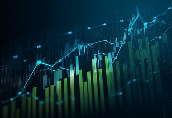 Illustration of stock market graph with blue lines and green bar chart on a dark background, financial data concept