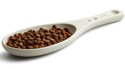 Obraz premium A close-up of a white spoon filled with brown pet food, set against a neutral background