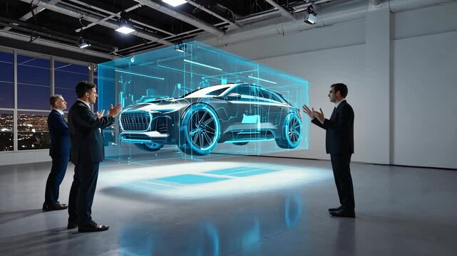 Businessmen analyzing futuristic holographic car prototype in modern showroom representing automotive innovation, digital technology, electric vehicle design, future mobility development and strategy.