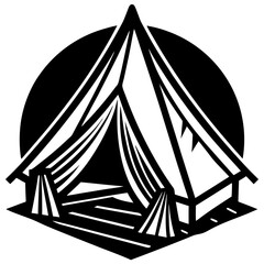 Family camping tent icon with mountain for outdoor travel and nature adventure design