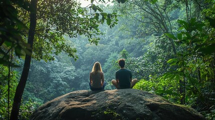 A couple having a moment of peace and gratitude, sitting on a large rock surrounded by a dense, vibrant forest.
