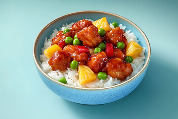 Sweet and Sour Chicken on Rice Bowl Delicious Asian Cuisine with Pineapple and Peas on Blue Background