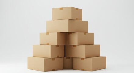 Fototapeta premium Stack of brown cardboard boxes on a white background.
