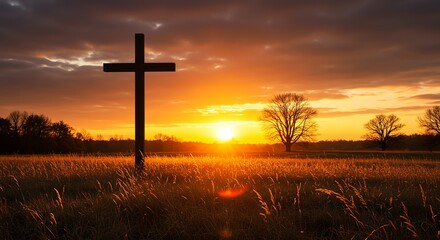 Cross Silhouette in Field at Dramatic Sunset Religious Symbol