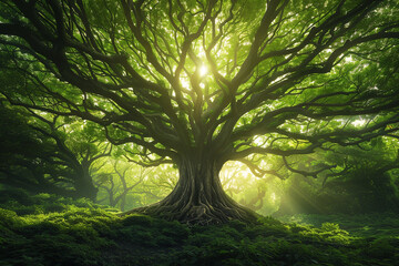 Fototapeta premium Experience the breathtaking beauty of a vast and lush forest, where a rich tapestry of majestic trees creates a harmonious and awe inspiring scene that reaches towards the sky with a sense of ethereal