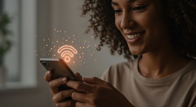 Woman smiles using a smartphone with a wifi symbol overlay in a room.