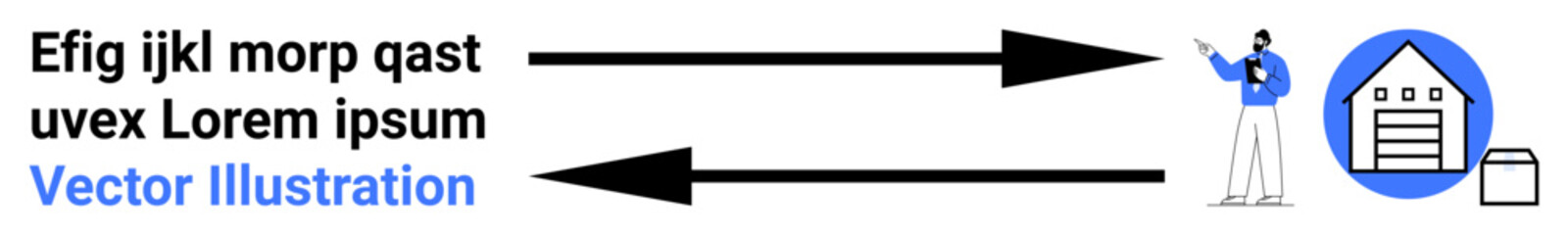 Person standing near arrows indicating data transfer, pointing towards a building with a document icon. Ideal for communication, data exchange, information flow, network, cloud storage, file sharing