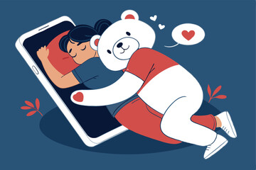 A person cuddles a smartphone as if it were a teddy bear while sleeping soundly in bed.  Illustrate comfort and modern reliance on technology.