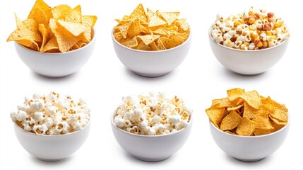 Assorted snack bowls, featuring tortilla chips and popcorn