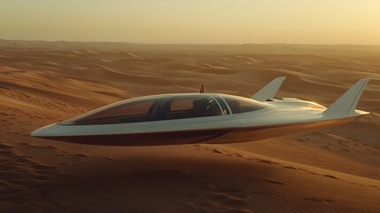 Hovercraft over desert landscape sunset
