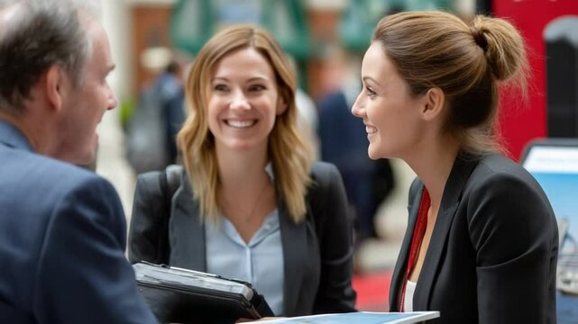 Networking at a Trade Show: Three business professionals, with genuine smiles, engage in a lively conversation at a trade show. The image captures the essence of networking, connection.
