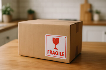 Cardboard box with fragile label on wooden table in kitchen setting