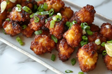 Fototapeta premium Crispy golden-brown fried snack bites garnished with green onions on a marble surface