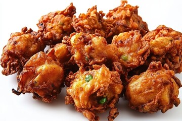 Crispy golden-brown vegetable fritters served on a white plate, showcasing their texture