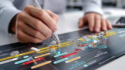 Precision Planning: A focused individual meticulously examines a detailed project timeline with pen in hand, highlighting the intricacies of strategic execution, representing diligence.
