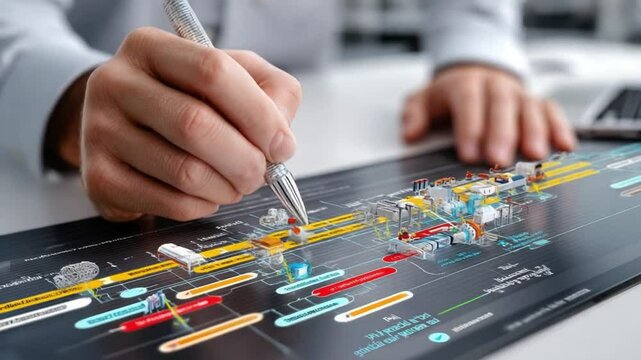 Precision Planning: A focused individual meticulously examines a detailed project timeline with pen in hand, highlighting the intricacies of strategic execution, representing diligence.