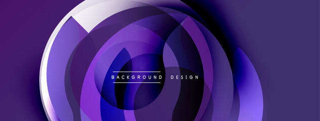 Abstract purple layers create circular design. Gradient shades offer modern, dynamic visual effect. Smooth transitions, elegant composition.