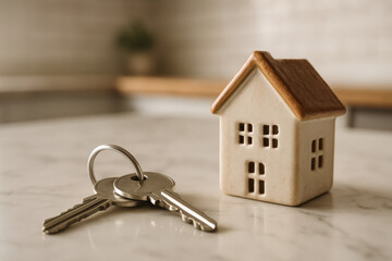 Real estate concept with miniature house and keys on marble surface