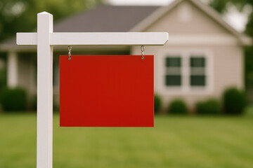 Blank red real estate sign in front of suburban house, blurred background, potential home for sale