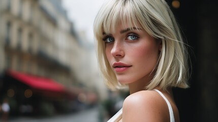 Fototapeta premium Blonde woman, bob haircut, city backdrop (3)