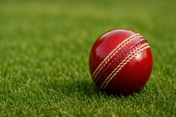 Shiny red cricket ball on lush green grass field