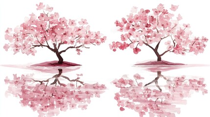 Fototapeta premium Two cherry blossom trees reflected in a tranquil water surface.