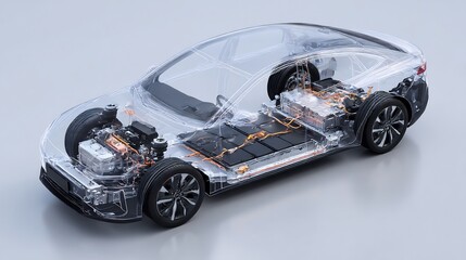 Electric Vehicle Cutaway Showing Battery and Motor Technology with Clean Energy Focus