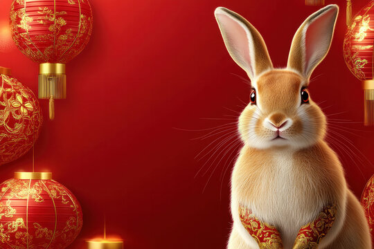 A rabbit is standing in front of red lanterns. The rabbit is holding its paws up in the air