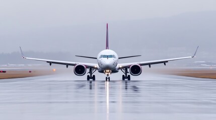 Fototapeta premium Commercial jetliner taxiing on wet runway