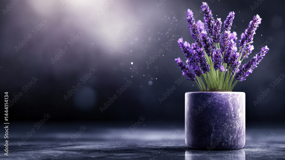 Poster hyperrealistic image of lavender plant sculpture in purple pot, set against blurred background with 