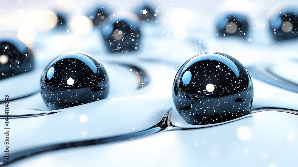 Aufkleber serene scene of glossy black spheres resting on smooth, reflective white surface, with delicate snow